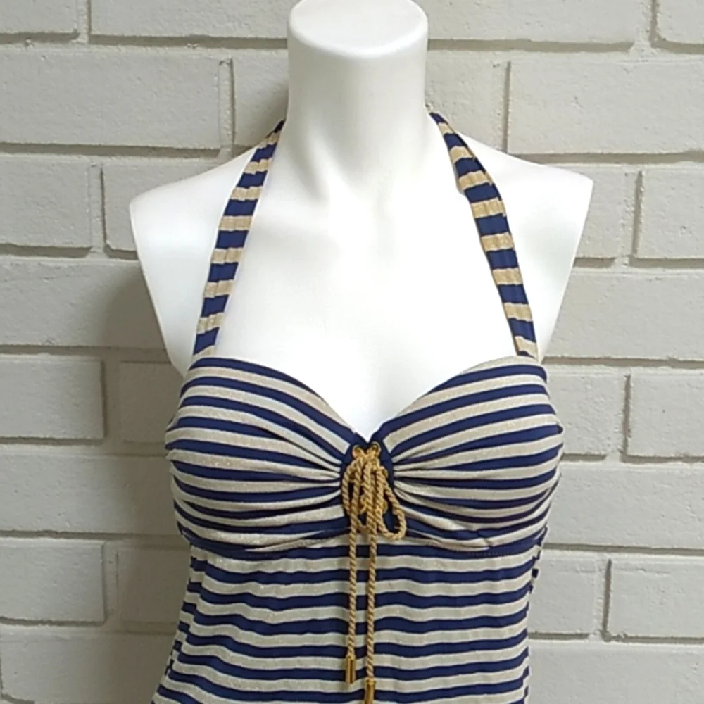 Jessica Simpson Blue/Gold Striped Tie Tankini Swim Top. Size Medium - Picture 2 of 12